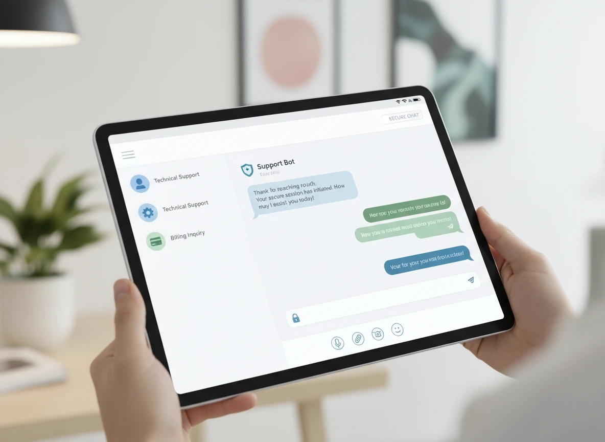 Hands holding a tablet with the support chat open